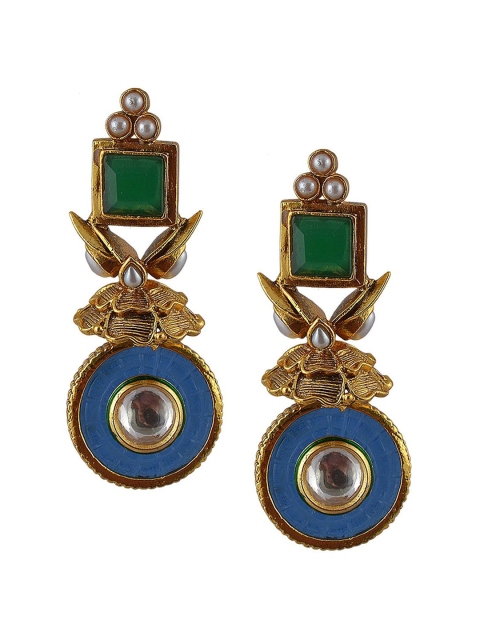 Adwitiya Collection Green Stone-Studded and Gold Plated Drop Earrings