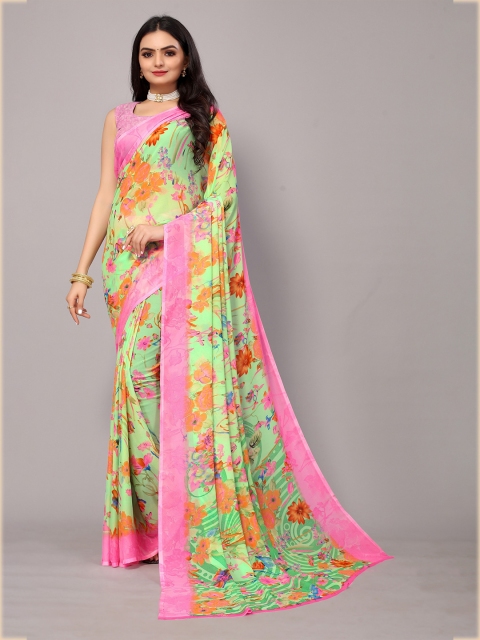 Fashion FRICKS Pink & Green Floral Art Silk Saree
