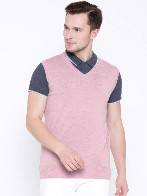 ColorPlus Men Pink Solid Sleeveless Sweater