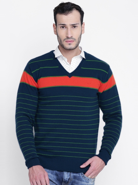 ColorPlus Men Navy & Green Striped Sweater, Navy blue