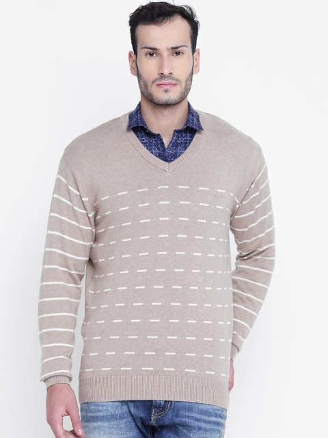 ColorPlus Men Beige & Off-White Self-Design Sweater