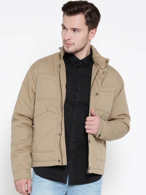 ColorPlus Men Beige Solid Quilted Hooded Jacket