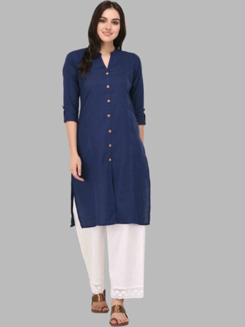 Pistaa Women Navy Blue Solid Cotton A-Line Kurta