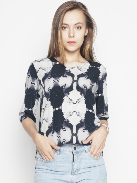 Voi Jeans Women Grey & Navy Blue Printed Top