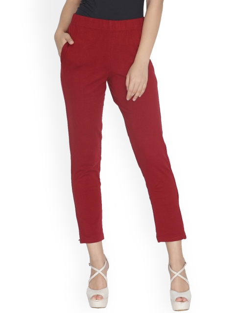 LYRA Women Maroon Cotton Smart Trousers