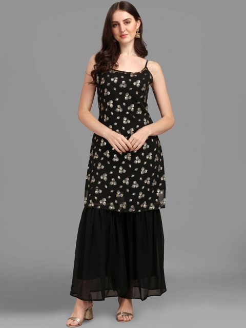 GUFRINA Women Black Floral Printed Kurta with Sharara