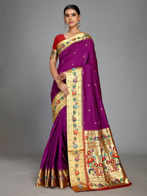 Varkala Silk Sarees Purple & Red Woven Design Zari Silk Blend Heavy Work Paithani Saree
Varkala Silk Sarees Purple & Red Woven Design Zari Silk Blend Heavy Work Paithani Saree