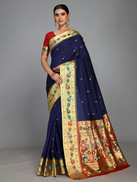 Varkala Silk Sarees Navy Blue & Red Ethnic Motifs Zari Silk Blend Heavy Work Paithani Saree