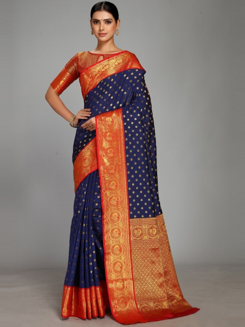 Varkala Silk Sarees Navy Blue & Red Ethnic Motifs Gadwal Zari Saree