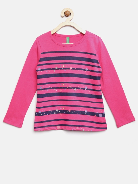 United Colors of Benetton Girls Pink Striped Round Neck T-shirt