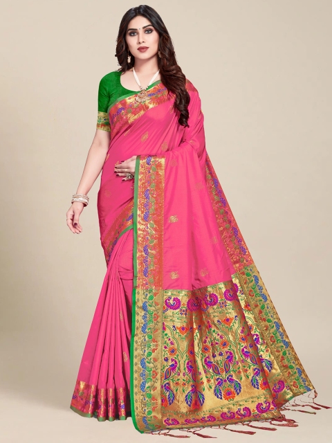 MS RETAIL Pink & Green Ethnic Motifs Zari Banarasi Saree