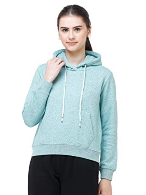 DECHEN Women Green Hooded Fleece Sweatshirt