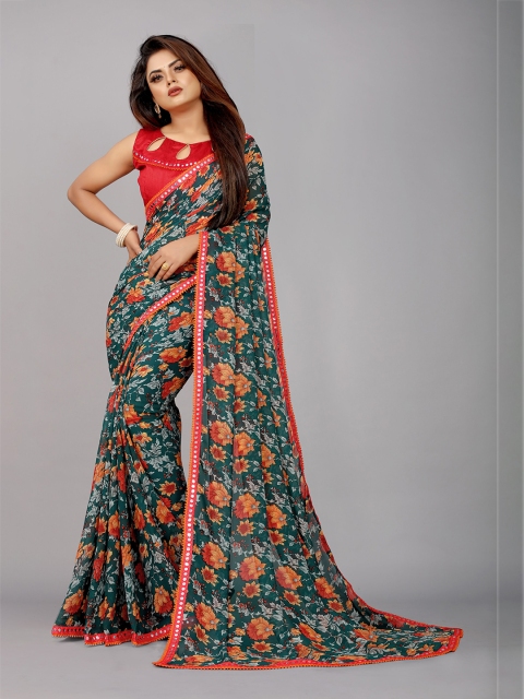 B4ME COM Green & Orange Floral Pure Georgette Jamdani Saree