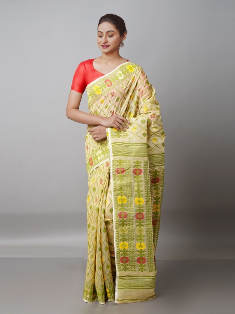 Unnati Silks Cream-Coloured & Green Woven Design Handloom Pure Cotton Jamdani Saree
Unnati Silks Cream-Coloured & Green Woven Design Handloom Pure Cotton Jamdani Saree
