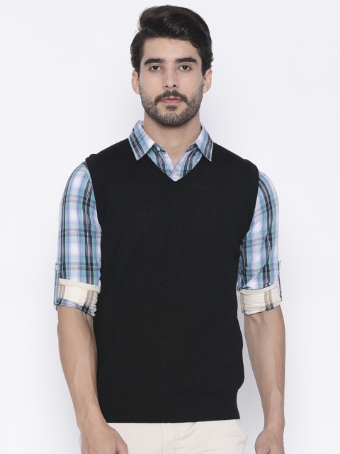 Arrow Men Black Solid Sweater Vest