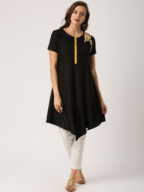 IMARA Women Black Solid Asymmetrical Hem A-Line Kurta