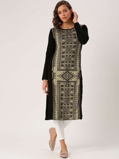 IMARA Women Black & Beige Knitted Winter Kurta