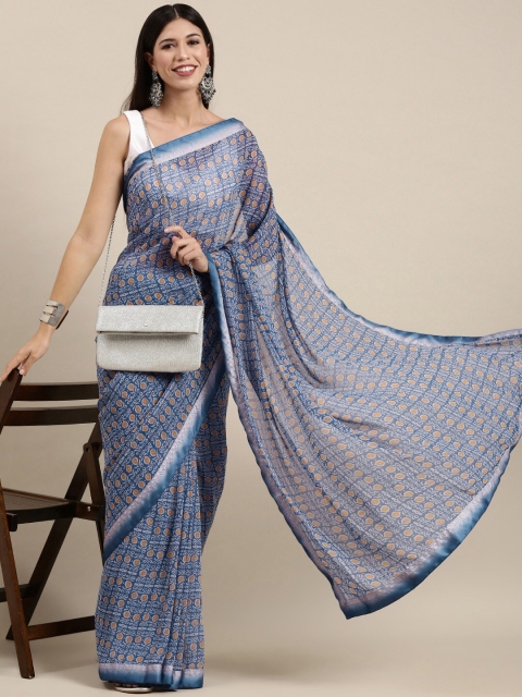 Zainab chottani Blue & White Floral Pure Georgette Block Print Saree