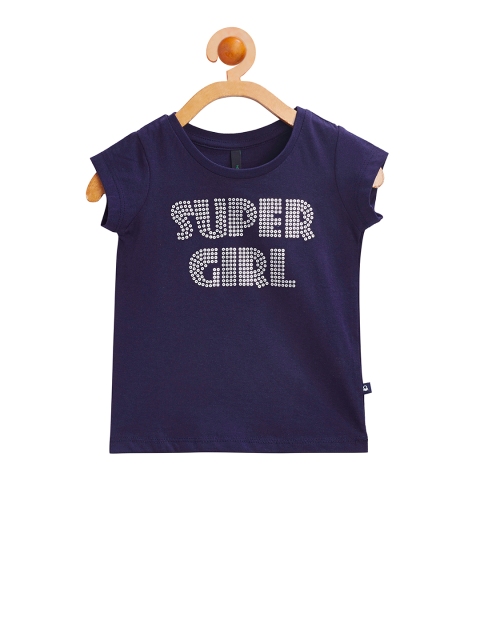 United Colors of Benetton Girls Navy Blue Printed Round Neck T-shirt