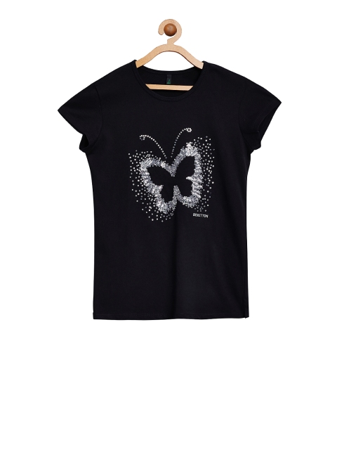 United Colors of Benetton Girls Black Printed Round Neck T-shirt