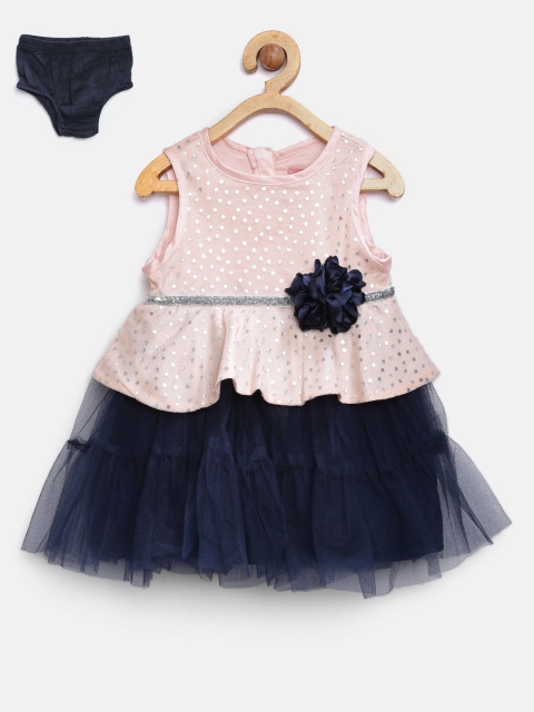 Nauti Nati Girls Peach-Coloured & Navy Dot Print Fit & Flare Dress