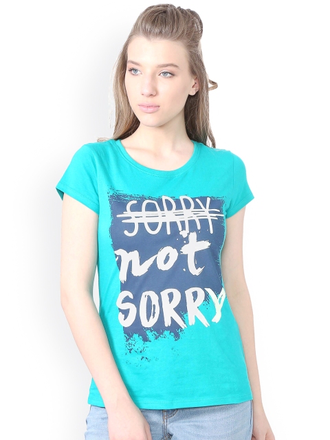 People Women Blue Printed Round Neck T-shirt