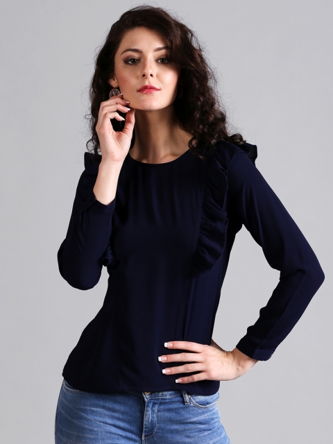 Noi Women Navy Blue Solid Frill Satin Top