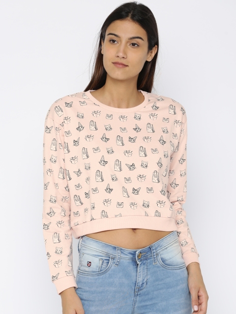Ginger by Lifestyle Women Peach-Coloured Printed Crop Sweatshirt