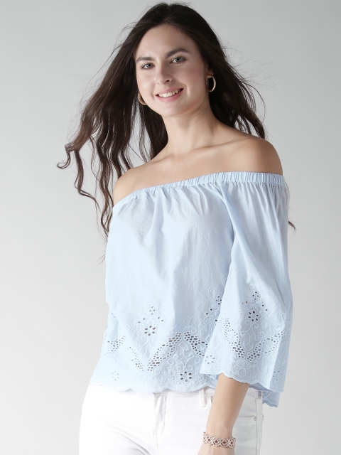 FOREVER 21 Women Blue Embroidered Bardot Top