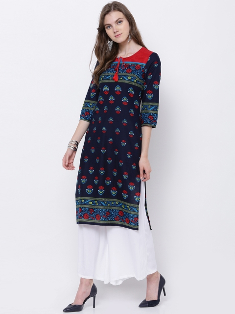 Vishudh Women Navy Blue Printed Straight Kurta
