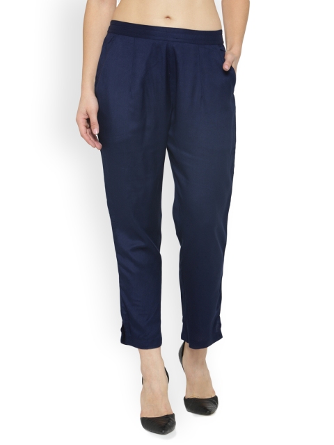 Laabha Women Navy Blue Relaxed Straight Leg Trousers