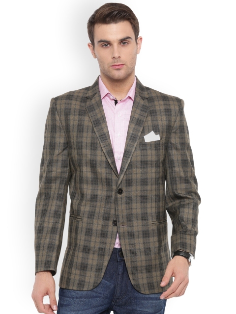 Shaftesbury London Olive Brown Regular Fit Single-Breasted Checked Casual Blazer