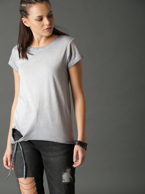 Roadster Women Grey Dyed Round Neck T-shirt