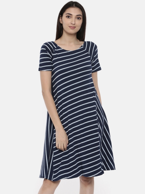 AND Women Navy Blue Striped A-Line Dress