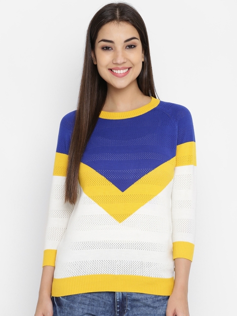 United Colors of Benetton Women Blue & White Self-Striped Sweater