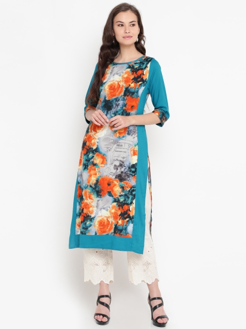 Shree Women Blue & Orange Floral Printed Straight Kurta