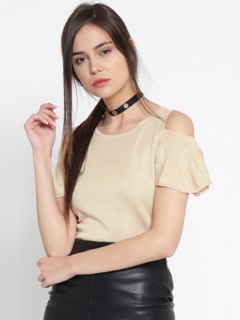 MANGO Women Beige Solid Cold Shoulder Top