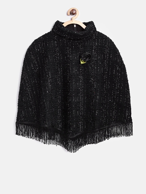 Peppermint Girls Black Self-Design Poncho