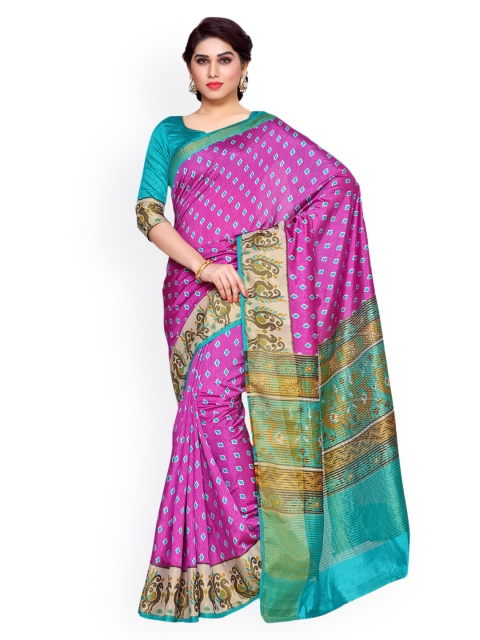MIMOSA Pink & Green Art Silk Printed Kanjeevaram Saree