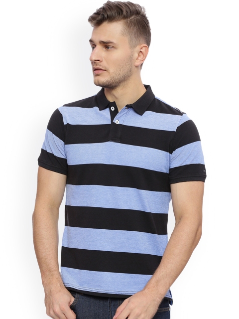 Basics Men Blue & Black Striped Polo Collar T-shirt
