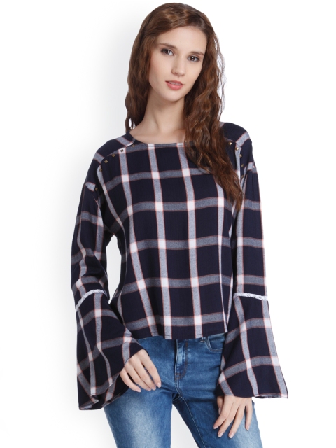 ONLY Women Navy Blue Checked Top