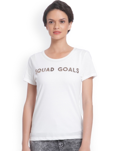 ONLY Women White Printed Round Neck T-shirt