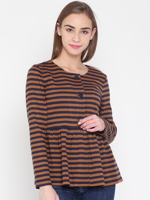 United Colors of Benetton Women Mustard Brown & Navy Striped A-Line Top