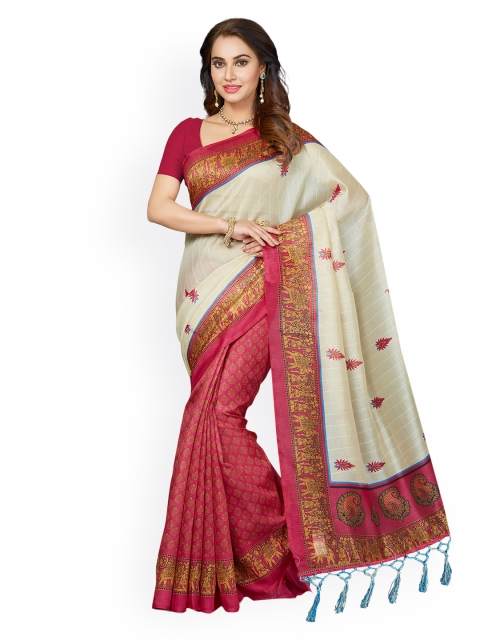 Ishin Pink & White Art Silk Printed Bhagalpuri Saree