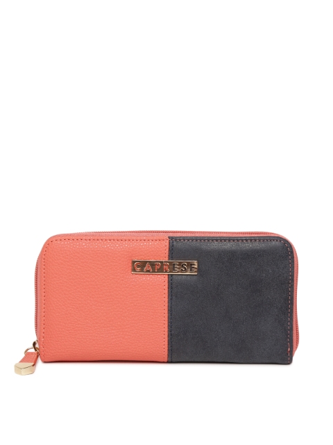 Caprese Women Coral Pink & Navy Colourblocked Zip Around Wallet