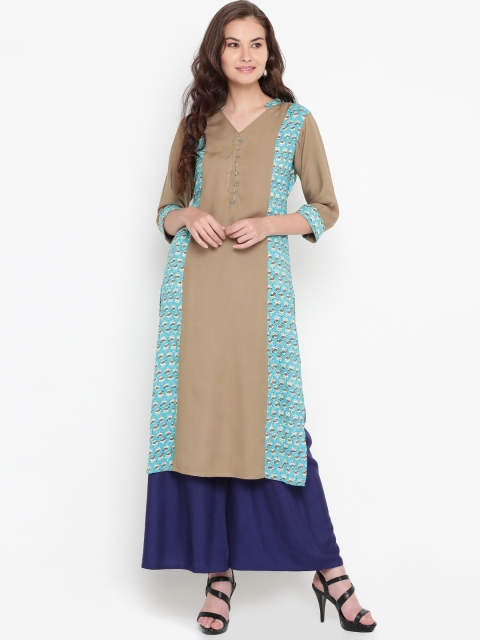Shree Women Olive Brown & Blue Printed Straight Kurta