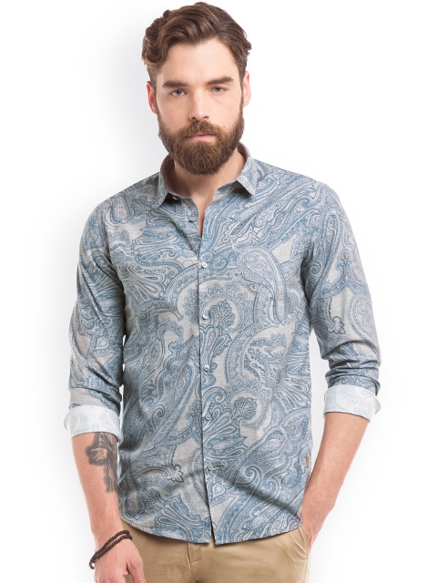 True Blue Men Grey & Blue Slim Fit Printed Casual Shirt