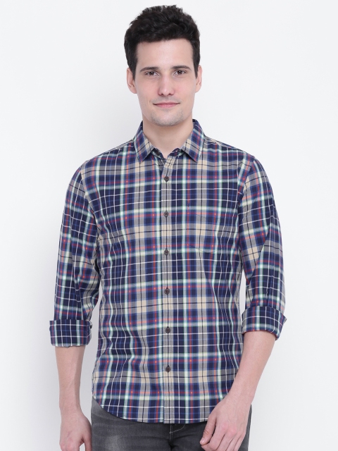 United Colors of Benetton Men Blue & Beige Slim Fit Checked Casual Shirt