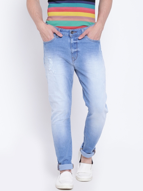 United Colors of Benetton Men Blue Carrot Fit Mid-Rise Mildly Distressed Stretchable Jeans