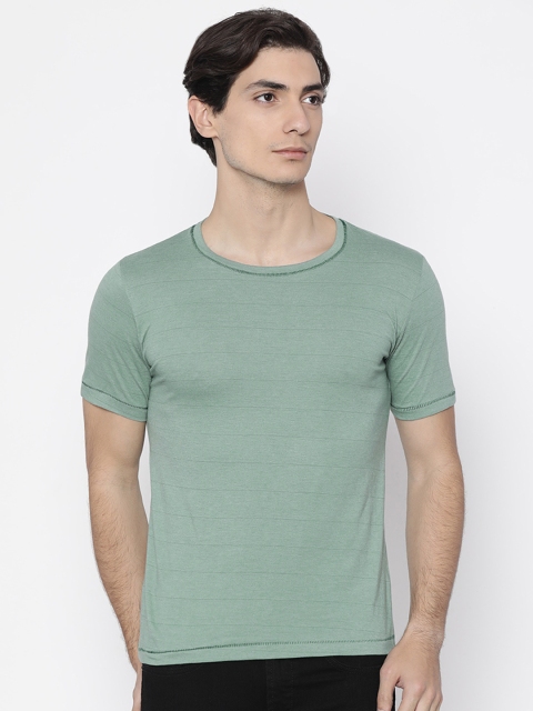 American Crew Men Green Striped Round Neck T-shirt